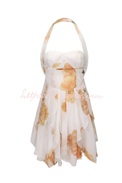 Arabella Floral Print Starfish Brooch Inverted Halter Neck Slit Ruffles Mini Dress