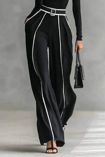 White Trim High-neck Long-sleeved Top With Wide-leg Pants and Belt Set