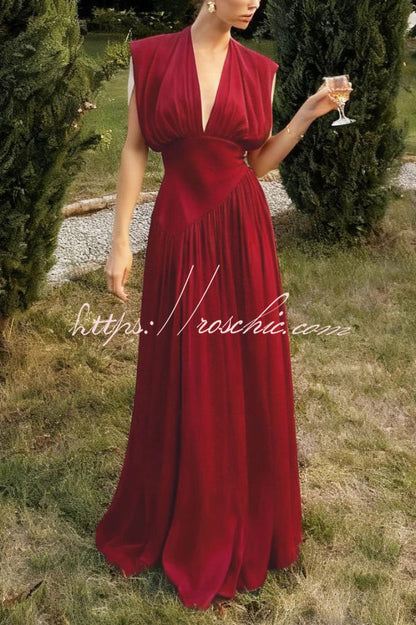 Elegant V-neck Sleeveless Fitted Waist High Slit Vacation Maxi Dress