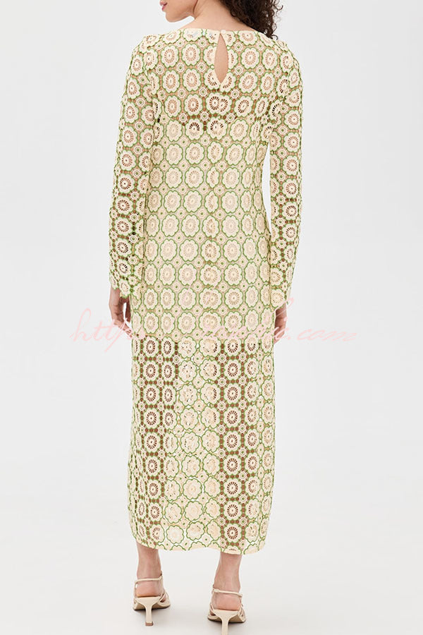 Summer Fashion Floral Crochet Cutout Fabric Long Sleeve Slit Vacation Midi Dress