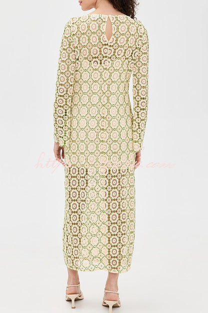 Summer Fashion Floral Crochet Cutout Fabric Long Sleeve Slit Vacation Midi Dress