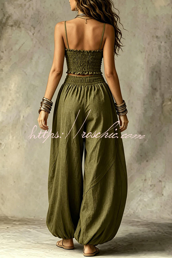 Olive Gypsy  pleated crop top and high-waisted wide-leg pants set
