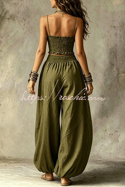 Olive Gypsy  pleated crop top and high-waisted wide-leg pants set
