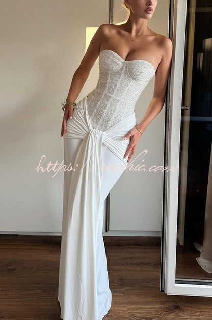 Carina Sequined and Satin Jersey Off Shoulder Ruched Knot Drape Maxi Dress