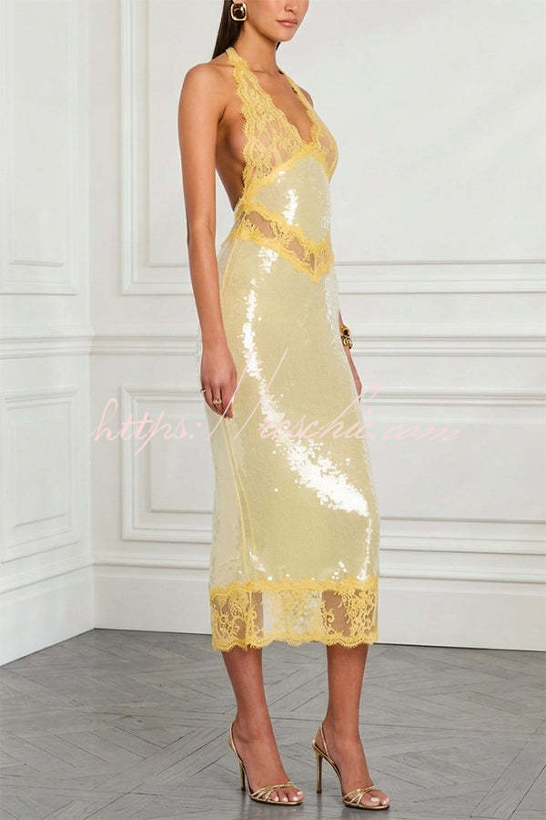 Vicky Sequin Floral Sheer Lace Trim Halter Pencil Midi Dress
