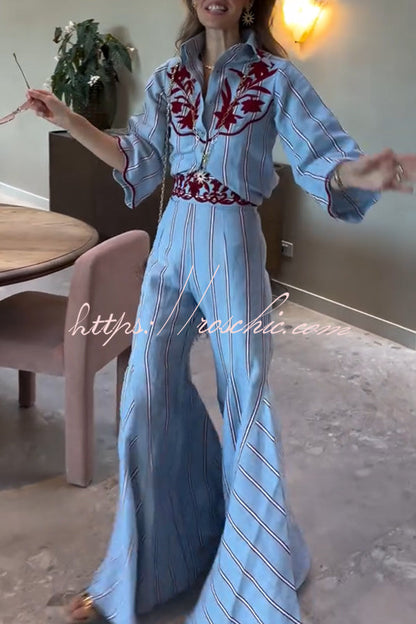 Delirio Linen Blend Floral Embroidery and Stripes Print High Rise Flare Hem Pants