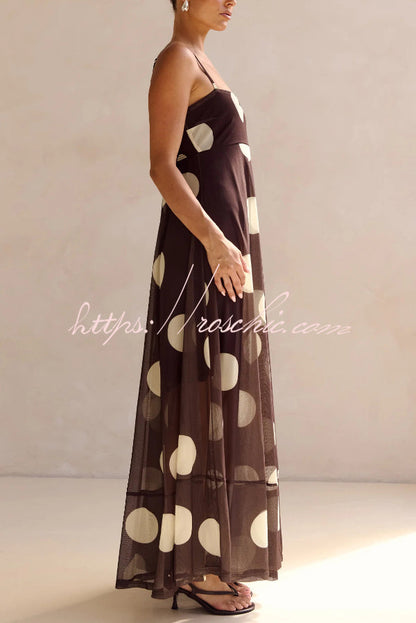 Polka Dot Print Mesh Spaghetti Strap Square Neck Vacation Maxi Dress