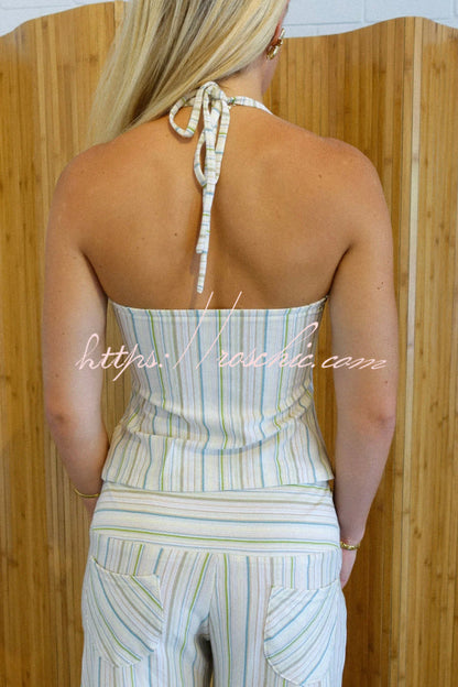 Striped Halter Top and Wide-leg Pants Set