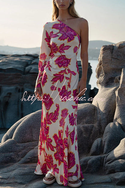 Rhia Satin Floral Print One Shoulder Flared Maxi Dress