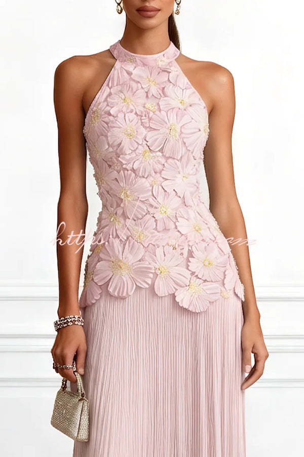 Emilie 3D Floral Embroidery Pleated Chiffon Hem Halter Neck Sleeveless Maxi Dress