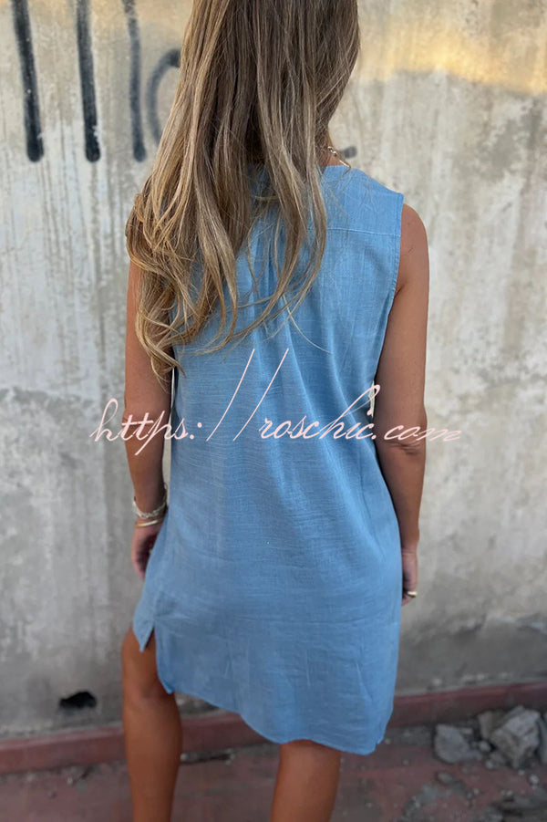 Solid Color Sleeveless V-neck Casual Pocket Mini Dress