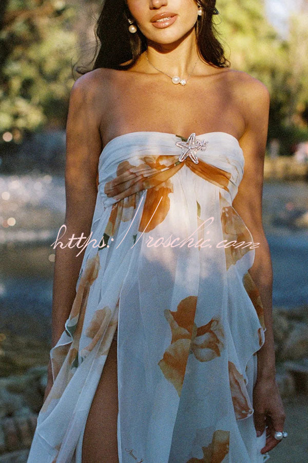 Mariah Floral Print Starfish Brooch Inverted Halter Neck Slit Ruffles Maxi Dress