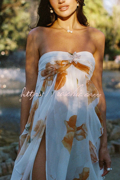 Mariah Floral Print Starfish Brooch Inverted Halter Neck Slit Ruffles Maxi Dress