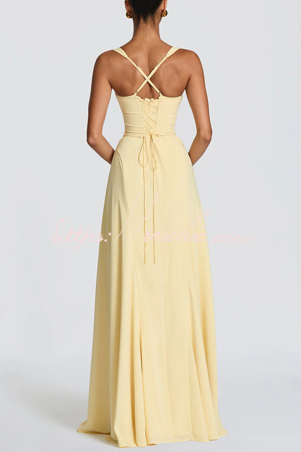 Irie Chiffon Sweetheart Neck Tapered Shoulder Straps Back Lace-up Drape Maxi Dress