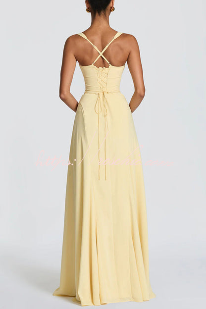 Irie Chiffon Sweetheart Neck Tapered Shoulder Straps Back Lace-up Drape Maxi Dress