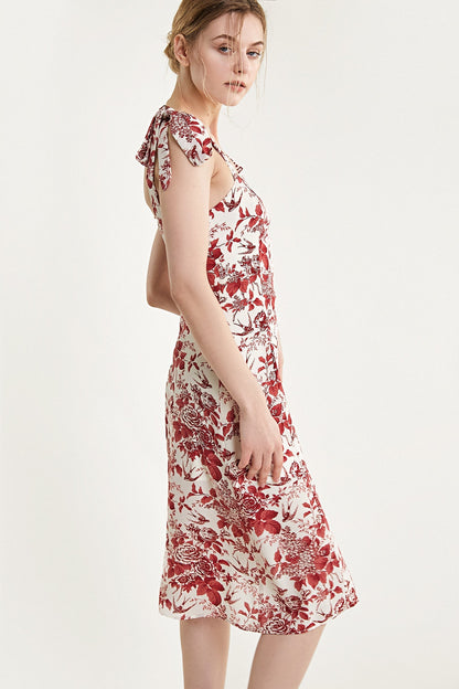 Dark Red Floral Print Tie Strap Slit Hem Midi Dress