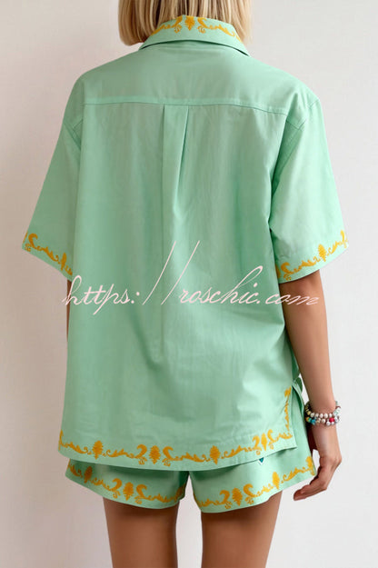 Linen Blend Loose-fitting Short-sleeved Button-down Shirt and Casual Pocket Shorts Set