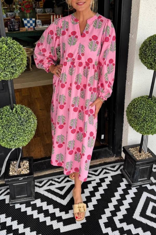 V-Neck Floral Print Puff Sleeve Relaxed Midi Dress