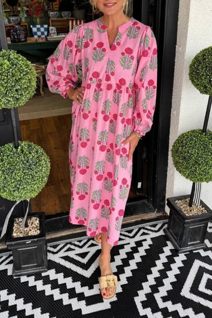V-Neck Floral Print Puff Sleeve Relaxed Midi Dress