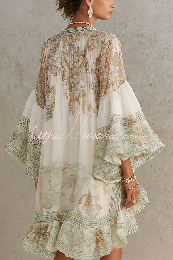 Mini Dress with Flared Sleeves and Printed Ruffles