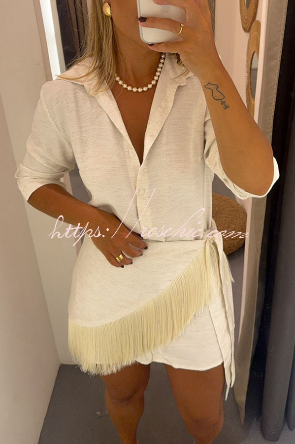 Sorena Linen Blend Button Up Long Sleeve Midi Blouse and Tassel Trim Warp Cover-up Mini Dress Set