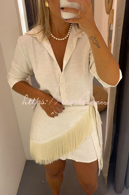 Sorena Linen Blend Button Up Long Sleeve Midi Blouse and Tassel Trim Warp Cover-up Mini Dress Set