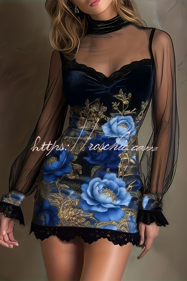 Enchanted Garden Sheer Mock Neck Velvet Dress