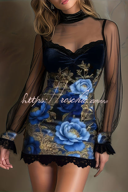 Enchanted Garden Sheer Mock Neck Velvet Dress