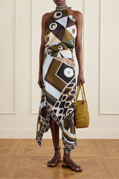 Retro Geometric Print Halter Open-Back Asymmetrical Two-piece Skirt Set