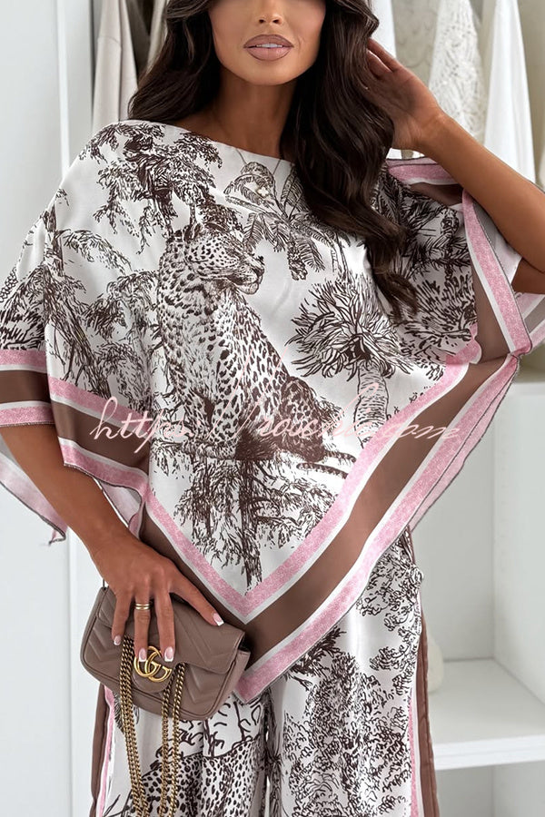 Jungle Themed Satin Unique Print Cape Top and Elastic Waist Pocket Wide Leg Pants Set