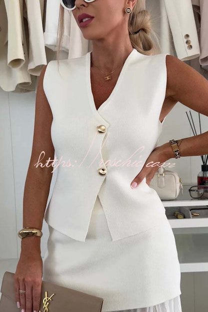 Stylish and Elegant Knit Gold Buttons V-neck Loose Vest