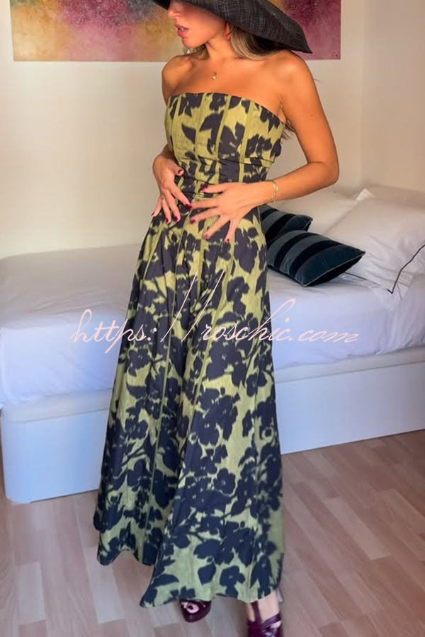 Elara Linen Blend Floral Print Princess Line Design Detachable Sleeves Maxi Dress