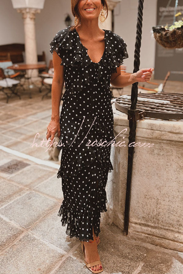 Soft and Feminine Chiffon Polka Dot Print Button Up Tiered Ruffles Maxi Dress