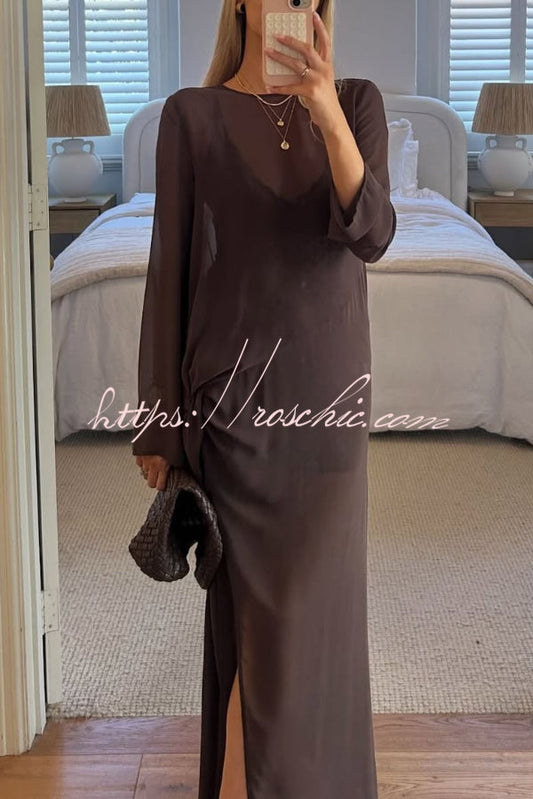 Fashionable Mesh See-through Round Neck Long Sleeve Tie Bow Slit Maxi Dress
