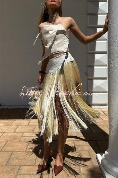 Fashionable Lace Appliqu¨¦ Tassel Hem Vacation Maxi Skirt