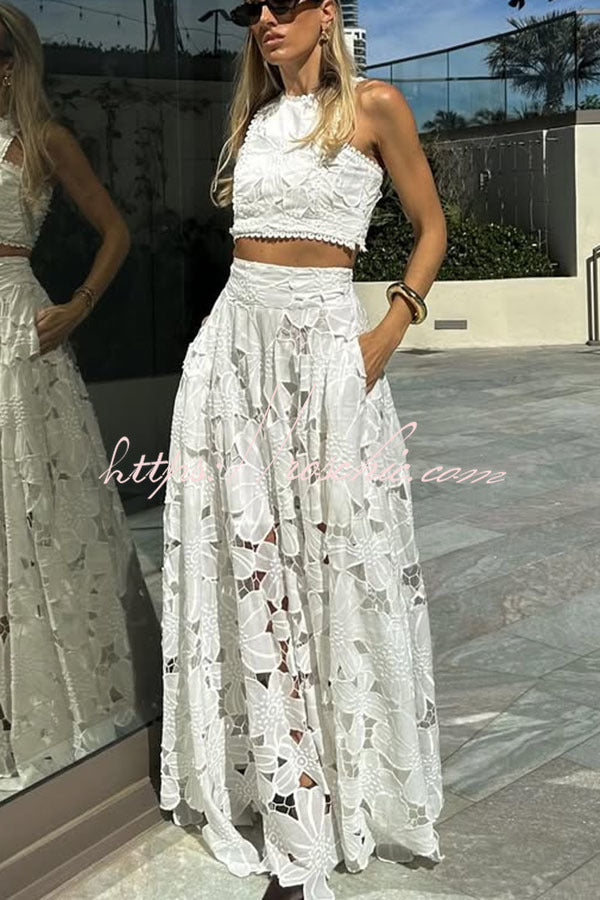 Next Trip Floral Embroidery Crochet Lace Crop Tank Top