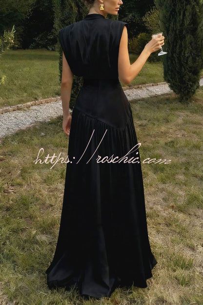 Elegant V-neck Sleeveless Fitted Waist High Slit Vacation Maxi Dress
