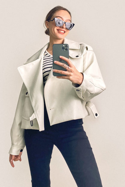 Beige Vegan Leather Pocket Detail Biker Jacket