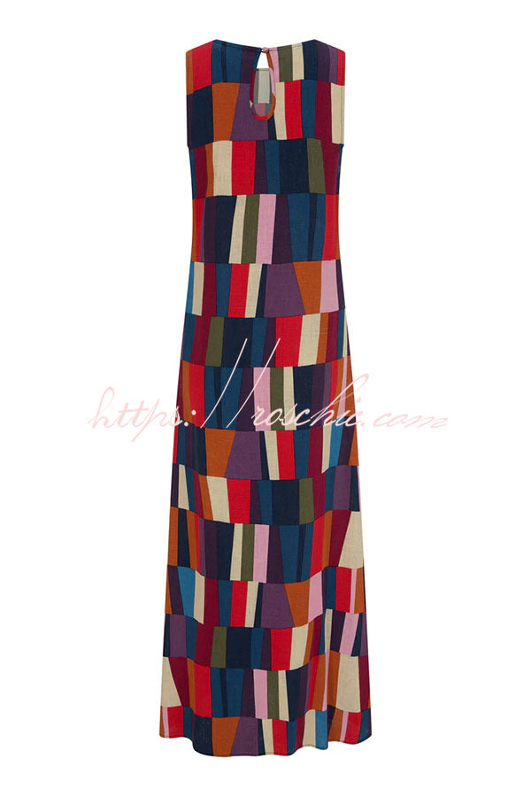 Retro Chic Linen Blend Colorful Color Block High Round Neck Sleeveless Maxi Dress