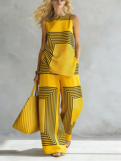 Geometric Print Loose-fitting Round Neck Sleeveless Top and Elastic Waist Casual Pocket Wide-leg Pants Set