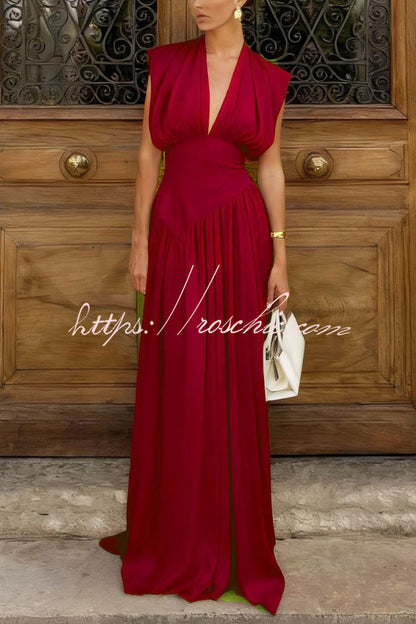 Elegant V-neck Sleeveless Fitted Waist High Slit Vacation Maxi Dress