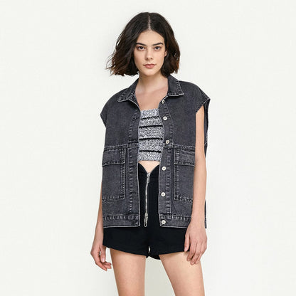 Black Collared Flap Pocket Button Front Denim Vest