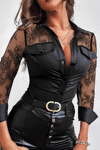 Lace Leather Panel Sheer  Long Sleeve Chic Blouse
