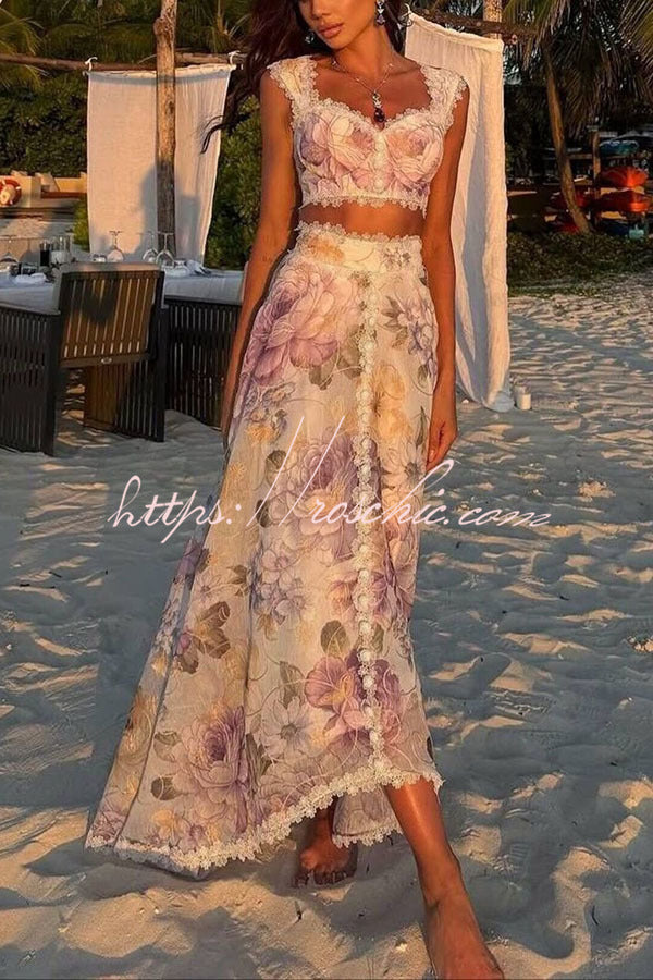 Romantic and Beautiful Floral Print Lace Trim Sweetheart Neck Tank and High Rise Maxi Skirt Set