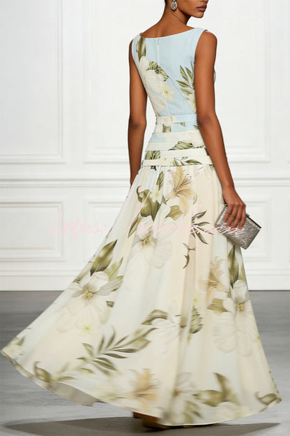 Classic Floral Print Boat Neck Ruched Waist Sleeveless A-Line Maxi Dress