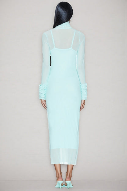 Abrife Blue Sheer Mesh Maxi Dress