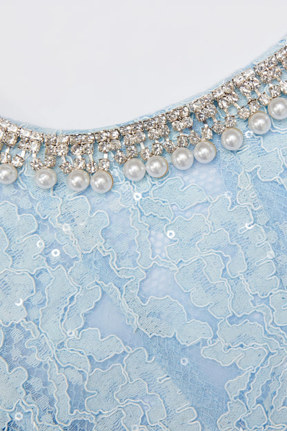 Chantal Blue Lace Embellished Midi Dress