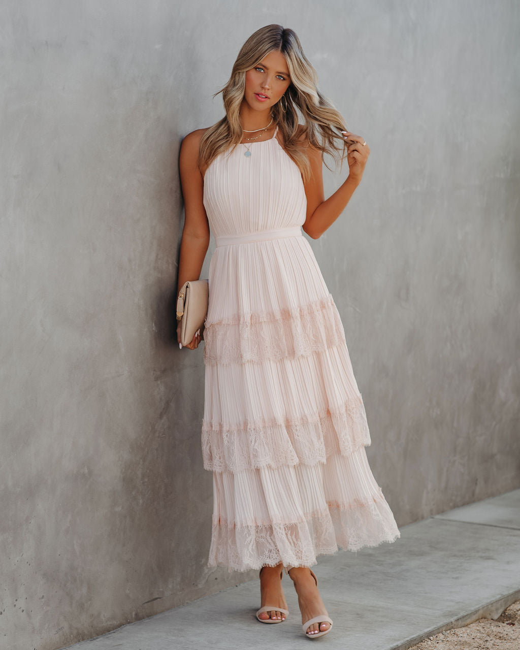 Affection Pleated Tiered Lace Maxi Dress Blush