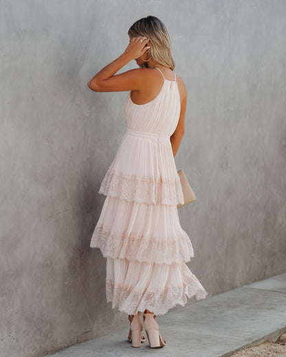 Affection Pleated Tiered Lace Maxi Dress Blush