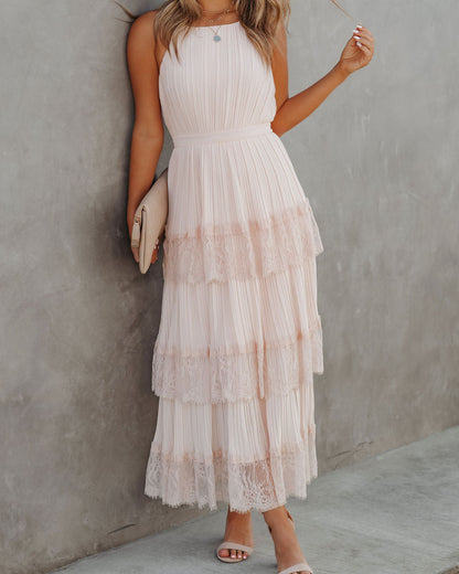 Affection Pleated Tiered Lace Maxi Dress Blush